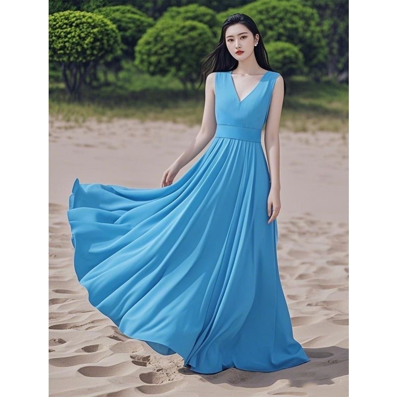 Đầm dài mùa hè bằng vải voan, phong cách bãi biển cao cấp mới, đầm không tay thanh lịch cho kỳ nghỉ bên biển