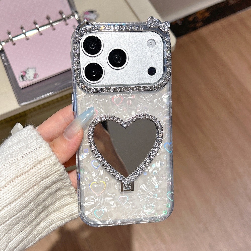 3D Trái Tim Tình Yêu Gương Giá Đỡ Kim Cương Tai Mèo Acrylic Ốp Lưng Điện Thoại iPhone 17 Pro Max 17 Air 16 Plus 15 14 13 12 11 Vỏ Bảo Vệ Chống Sốc