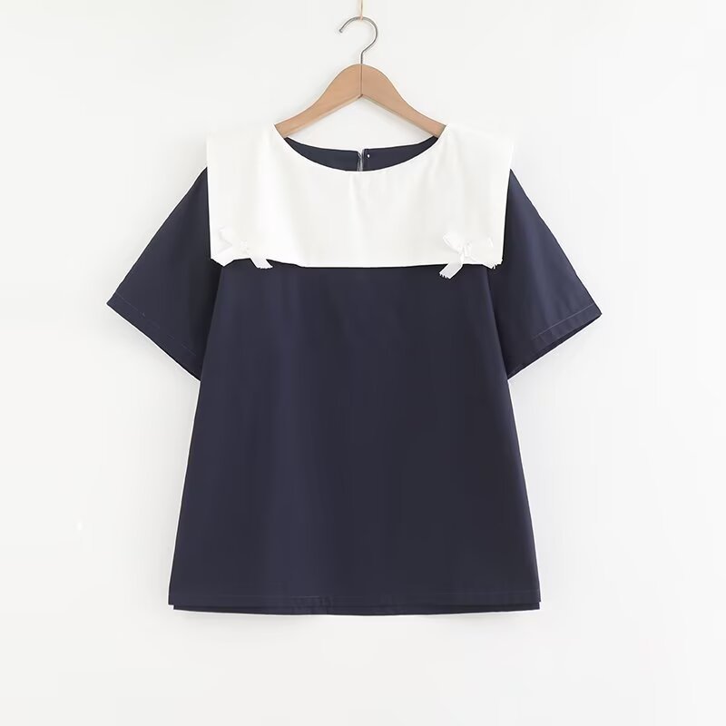[Sẵn Sàng] Áo Sơ Mi Nữ Tay Ngắn Mùa Hè, Sợi Cotton Cao Cấp, Cổ Hải Quân Thắt Nơ