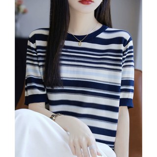 Áo sơ mi tay ngắn sọc dệt kim nữ, cổ tròn, phù hợp đi làm mùa hè