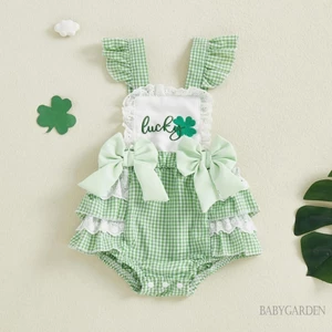 Bộ áo liền quần bé gái Ireland dễ thương Shamrock thêu tay bay kẻ sọc áo liền quần