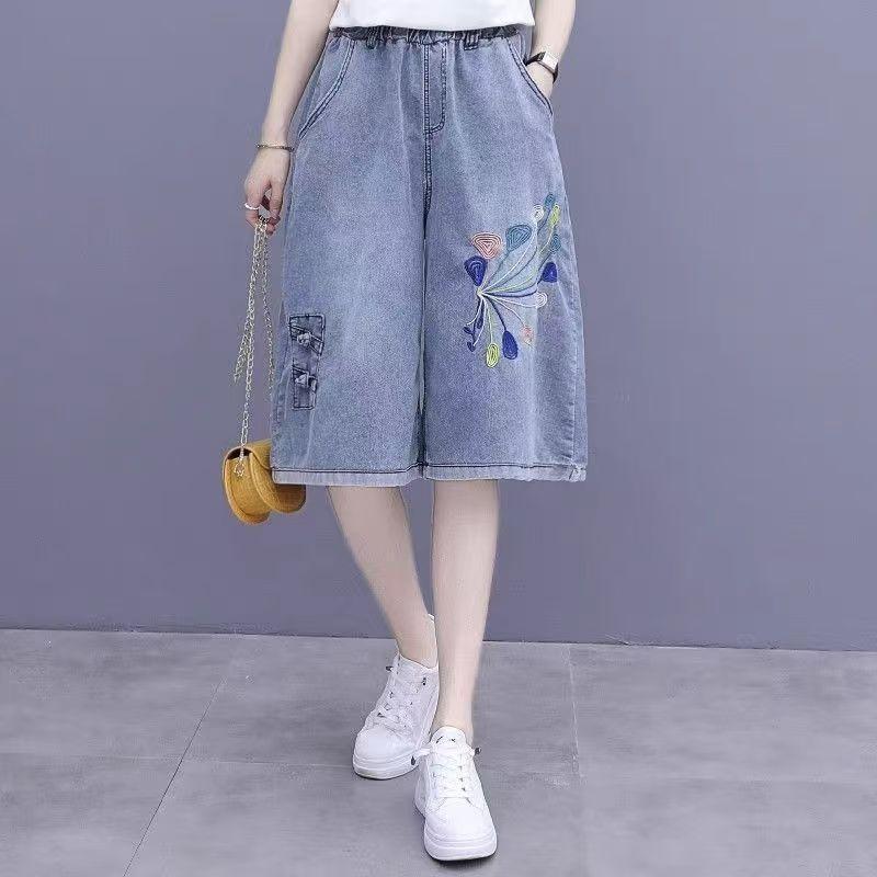 Thời Trang Retro Thêu Denim Crop Quần Nữ 2026 Kích Thước Lớn Cao Cấp Ôm Hơn Nhìn Rời Phù Hợp Với Mỏng Rộng Quần