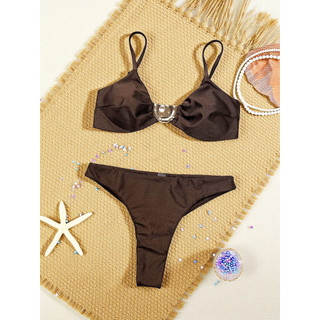 Đồ bơi nữ bikini hai mảnh màu nâu sẫm, trang trí kim loại