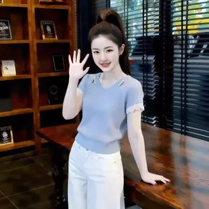 Mùa hè 2026 - Áo thun nữ ngắn tay màu xanh sang trọng, chất liệu ren và dệt kim, thoải mái cho mọi hoạt động