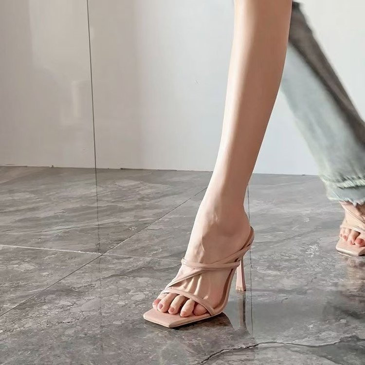 Mùa Hè Mũi Vuông Thời Trang Mở Ngón Chân Giày Cao Gót PU Nữ Chống Trơn Trượt Chống Mài Mòn Cổ Tích Phong Cách Cao Gót Dép