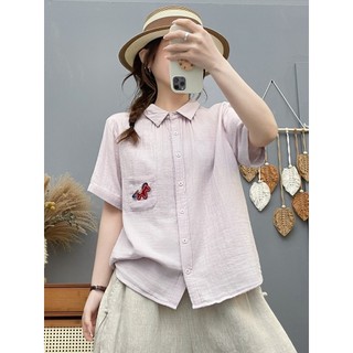 Áo sơ mi nữ cotton cao cấp, họa tiết hoạt hình mùa hè, túi thêu pony rời