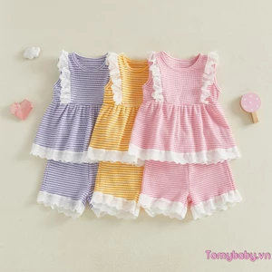 Bộ trang phục mùa hè cho bé gái mới biết đi Bộ 2 chiếc viền ren sọc + quần short