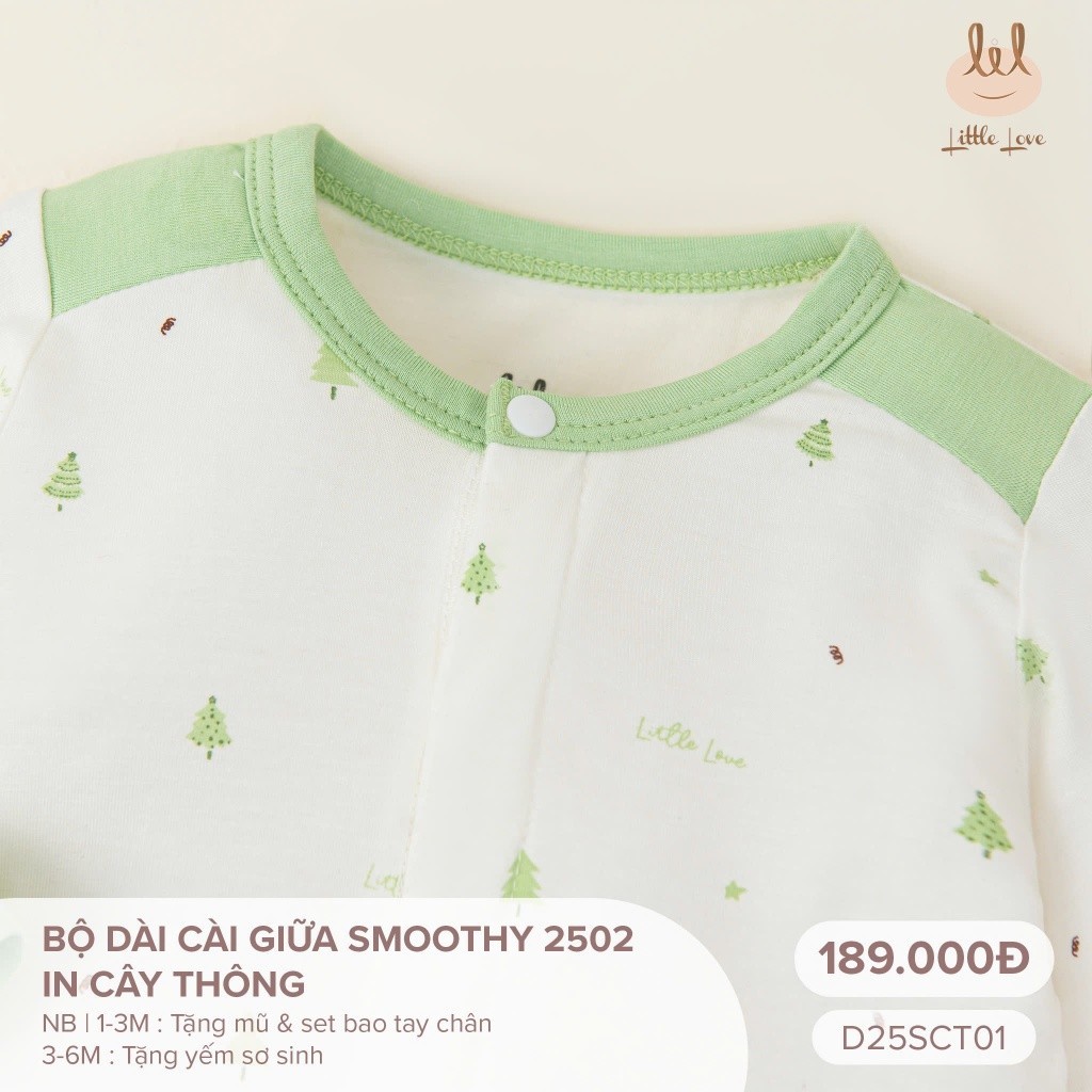 Bộ sơ sinh dài tay mỏng chất liệu smoothy [Mềm, co dãn tốt] Lil little love (D25SCT01)tặng sét mũ bao tay chân tay Hoặc