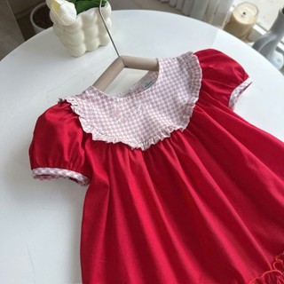 [8-26kg] Váy Đỏ Noel Tết Đuôi Cá Cổ Bèo Chất Thô Lụa Cho Bé Gái
