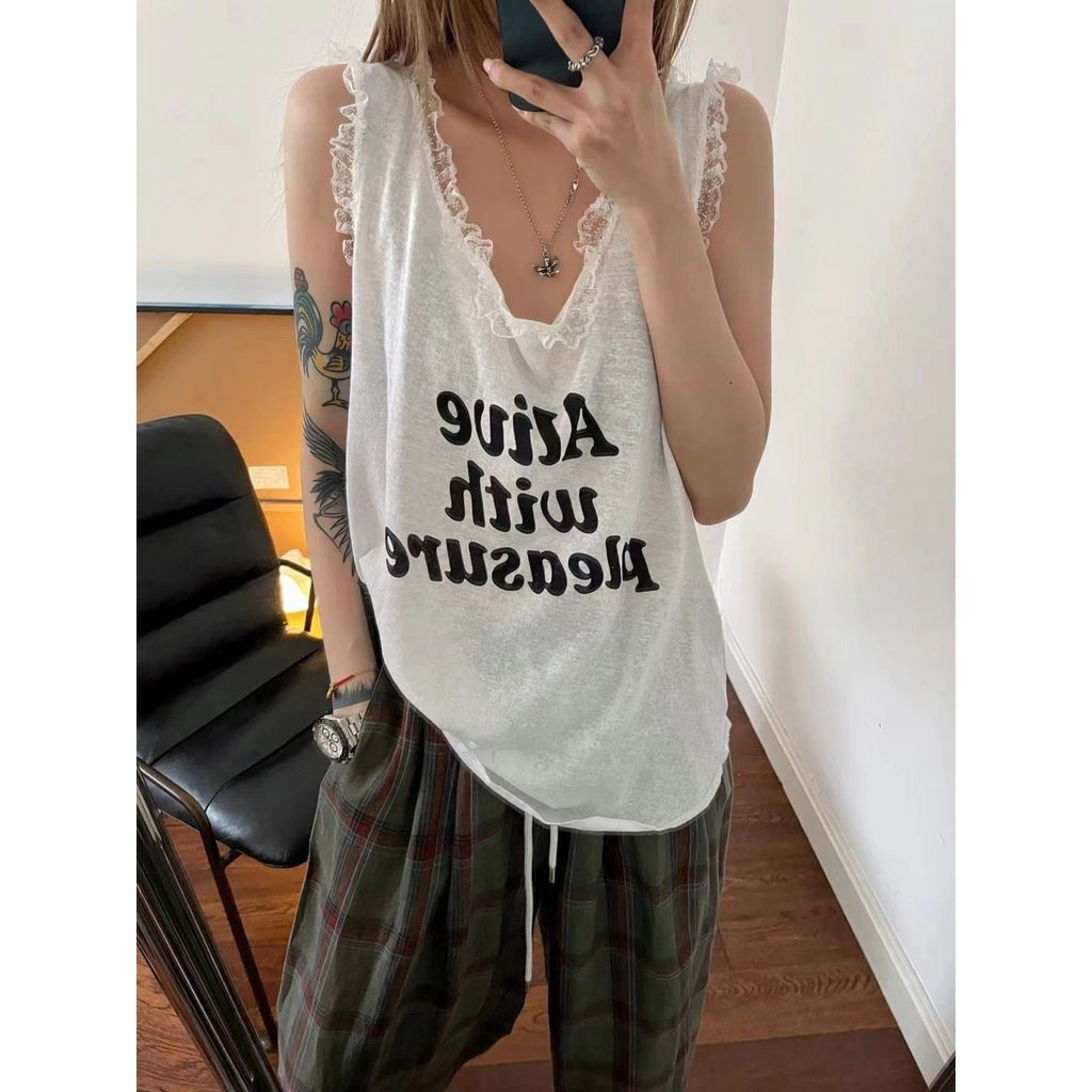 Milyfashion Kích Thước Lớn Rời Ôm Hơn Nhìn Phù Hợp Với Chữ U In Hình Cổ Chữ U Nguyên Chất Desire Không Tay Ren Khâu Sling Top