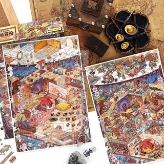 ENWEI 4 Cái [Dòng Lâu Đài] Nhãn Dán Phong Cảnh 3D Chống Nước Cực Lớn Dungeon Phiêu Lưu Phong Cách Hoạt Hình Cho Thêu Sò Nhật Ký Đồ Thủ Công DIY