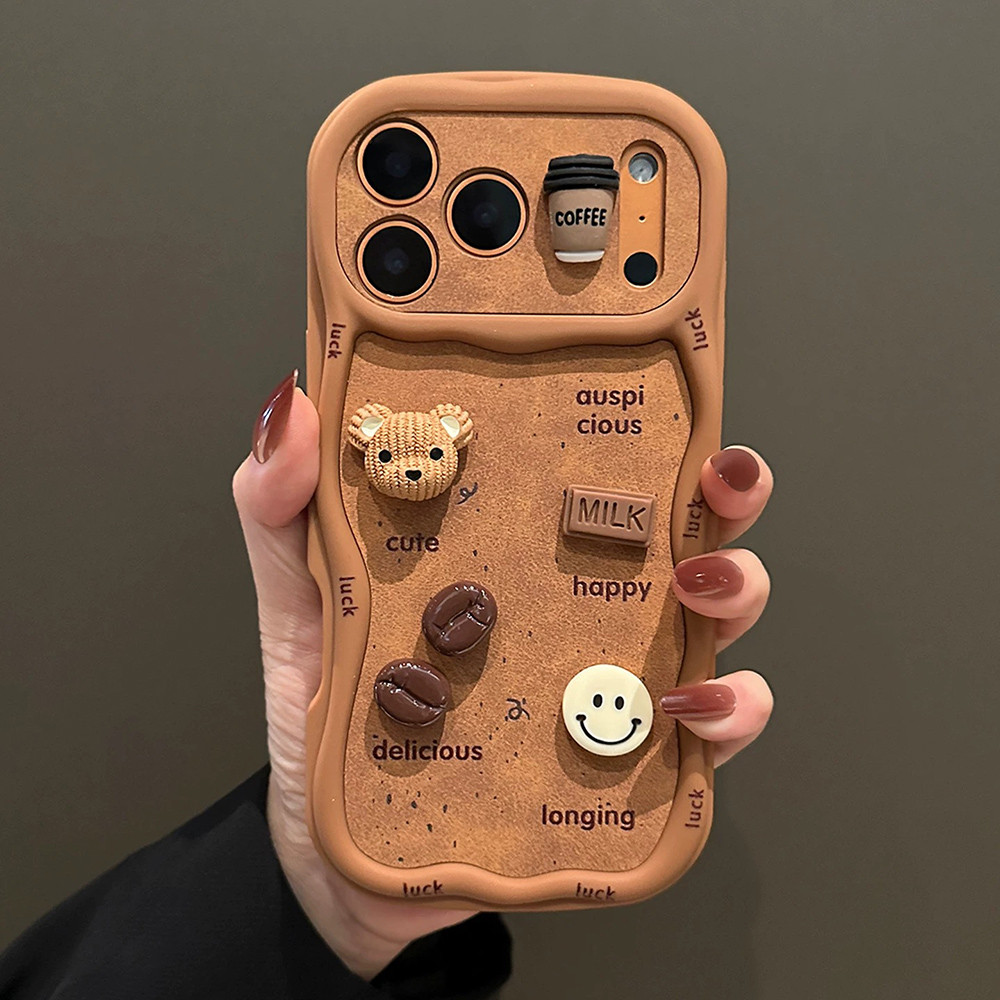 3D Gấu Chó Cà Phê Pizza + Dây Sóng Ốp Lưng Điện Thoại iPhone 17 Pro Max 16 Plus 15 14 13 12 11 Vỏ Bảo Vệ Chống Sốc