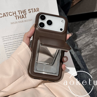 Ốp điện thoại giá đỡ gương lật da cừu sang trọng phù hợp cho iPhone 11 12 13 14 15 16 17 Pro max màu nâu bao gồm tất cả các trường hợp cứng chống rơi