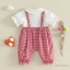 Bé Gái Ngày Lễ Tình Nhân Jumpsuit Chắp Vá Tay Ngắn Búp Bê Cổ Nút Lên Kẻ Sọc Áo Liền Quần
