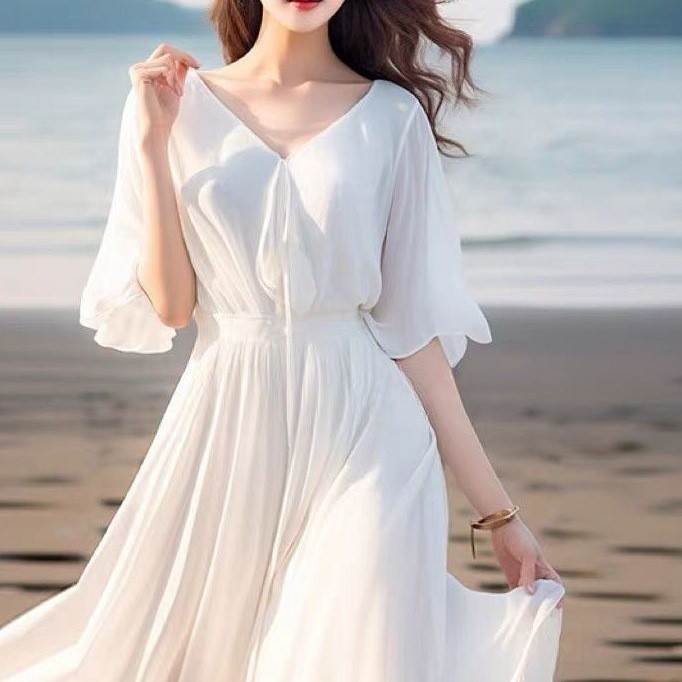 Váy nữ mùa hè mới, váy dài voan, tôn dáng và thon gọn, váy xòe rộng, váy đi biển.