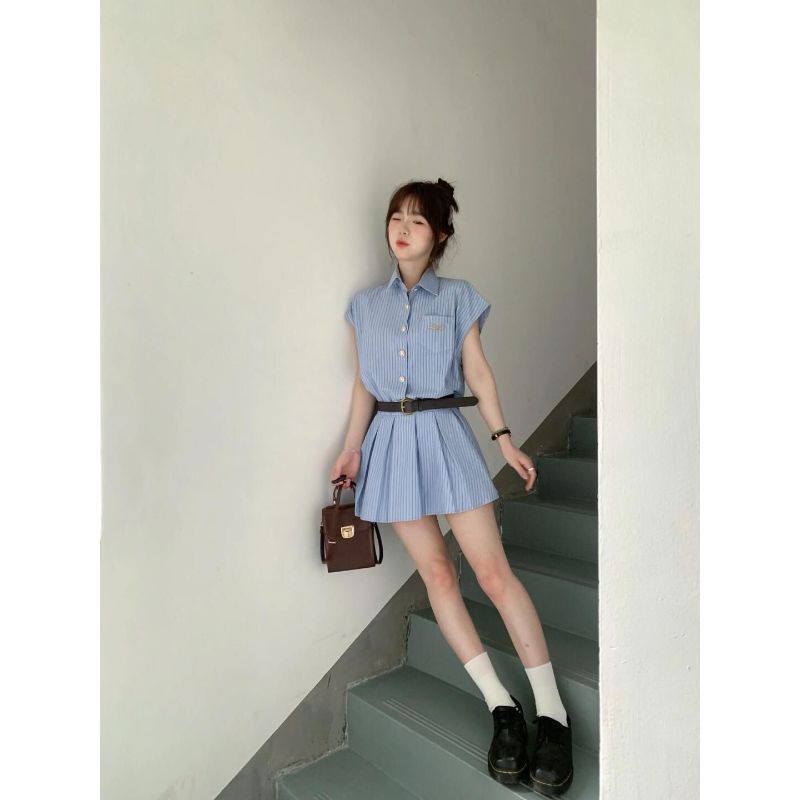 Váy sơ mi ngắn tay xếp ly phong cách Hàn Quốc, phù hợp mùa hè