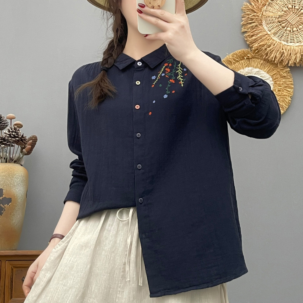 Áo sơ mi nữ cotton cổ nhọn thêu hoa, dáng rộng, thoáng khí cho mùa xuân