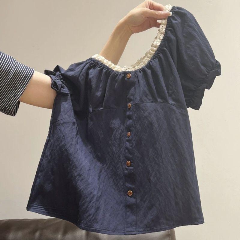 Mùa hè khuyến mãi: Sơ mi ngắn tay phong cách retro Pháp, cổ chữ V ren, dáng slimmer thời thượng