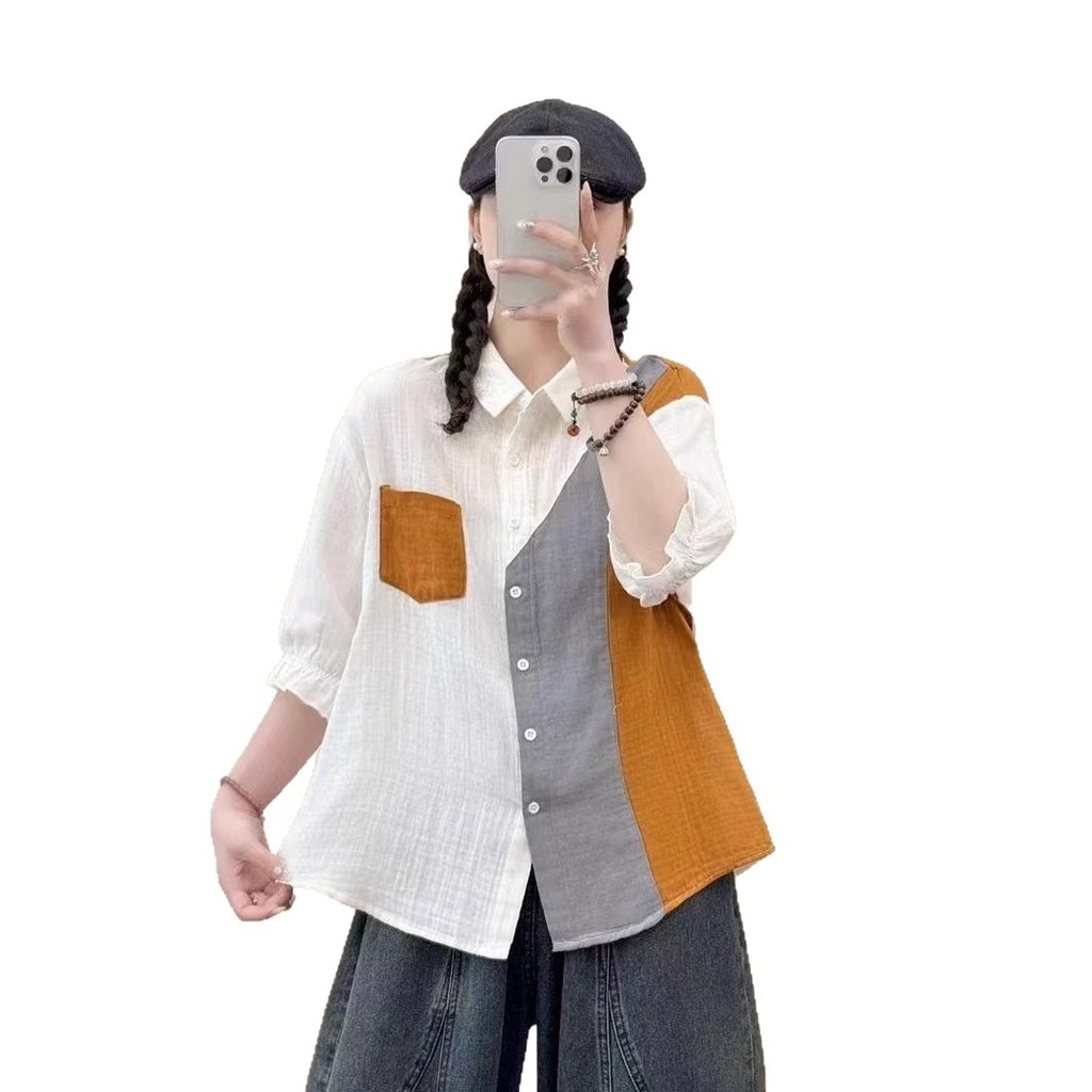 Áo sơ mi nữ tay ngắn cotton dáng rộng, nhiều màu lựa chọn