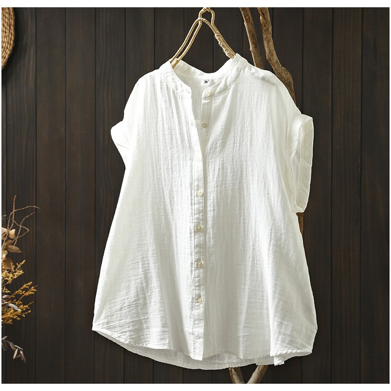 Quần áo mùa hè nữ phong cách Nhật Bản - Áo sơ mi cotton sọc kẻ tay ngắn thoáng mát