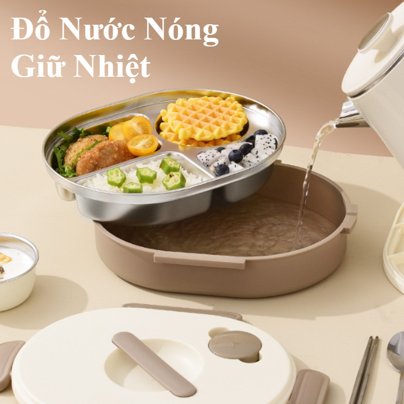 Hộp Cơm Inox 304, Dung Tích Lớn 1.5L, 4 Ngăn, Giữ Nhiệt, Kèm Bộ Dụng Cụ Ăn Uống, Bát Canh, Túi Giữ Ấm