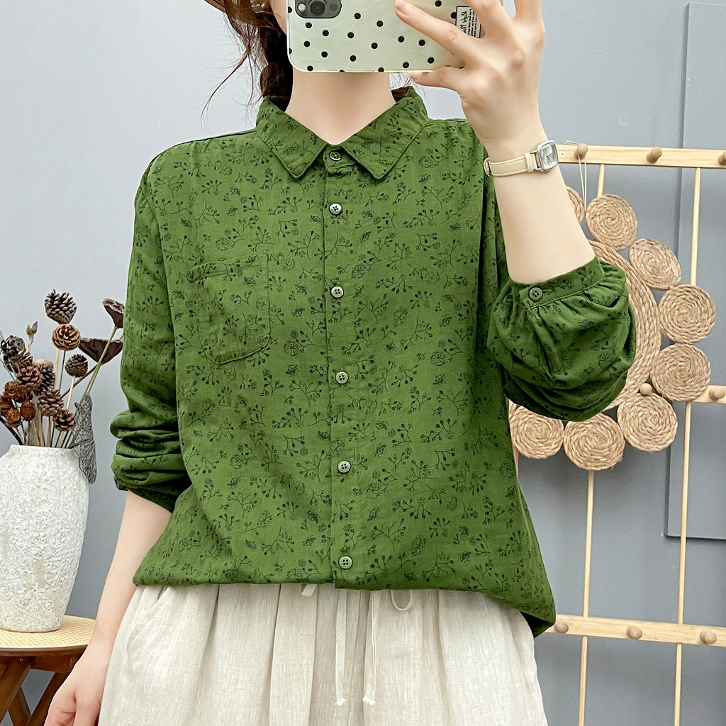 Áo sơ mi nữ cotton, họa tiết văn học cổ điển, thiết kế thoáng khí