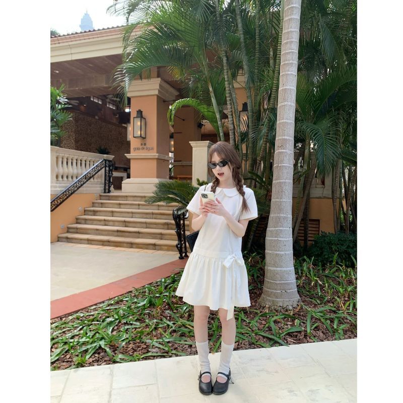 [Khuyến mãi trong thời gian có hạn] Váy cổ búp bê trắng Váy chữ a ngắn tay có dây phong cách nữ