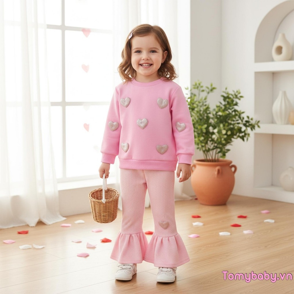 Bộ trang phục 2 món ngày lễ tình nhân cho bé gái Áo dài tay trang trí trái tim + Bộ quần loe lưng co giãn