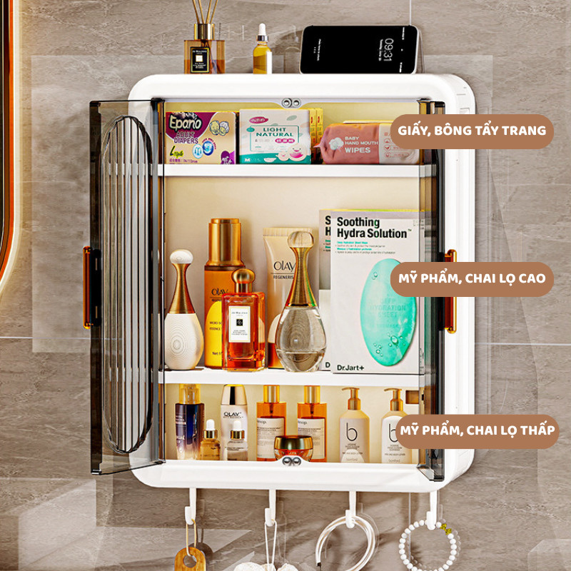 Tủ Kệ Treo Tường Phòng Tắm ENODA HOME, Tủ Kệ Trong Suốt Đựng Mỹ Phẩm Kèm Miếng Dán Treo Tường HTREO001