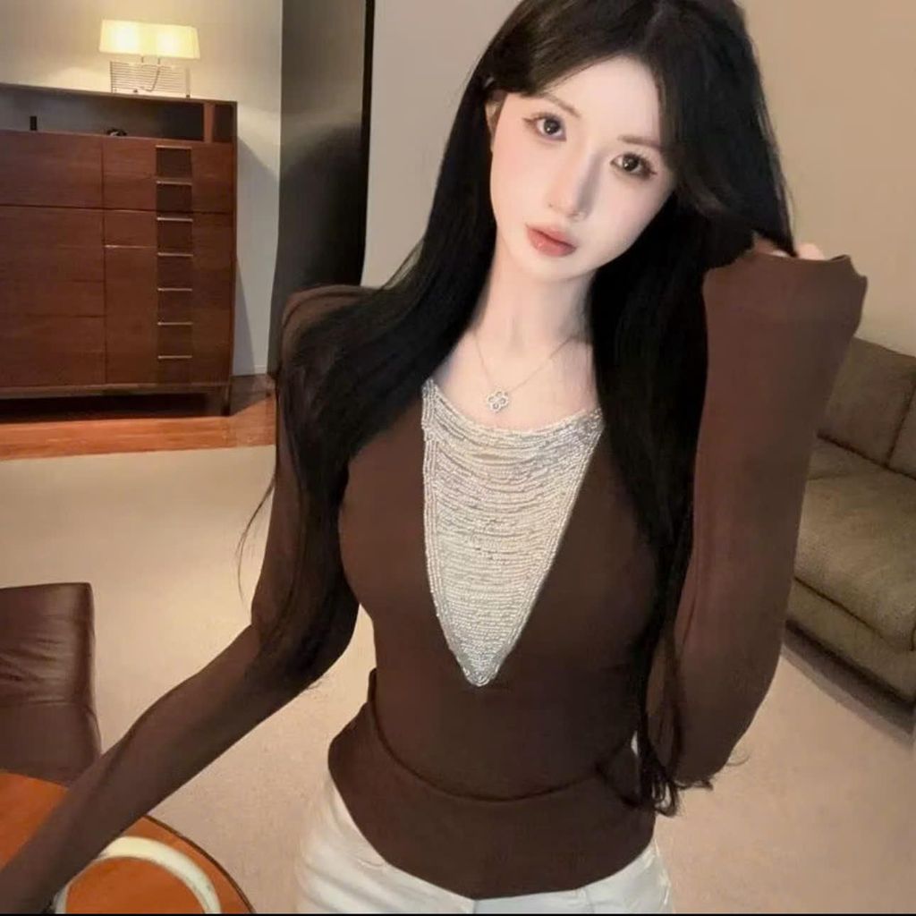 Áo Kiểu Nữ Đẹp Cổ V Tay Ngắn Đính Cườm Co Giãn Bigsize ESHOP - Áo Thun Nữ Ôm Body Sang Chảnh MS567
