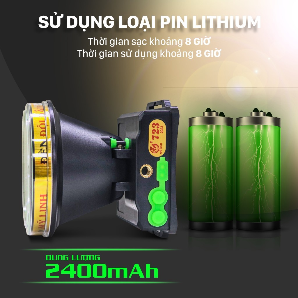 Đèn pin đội đầu siêu sáng 723 Mỹ Linh, đèn pin 2 chế độ sáng, xoay 180 độ, dùng pin lithium 2400mAh