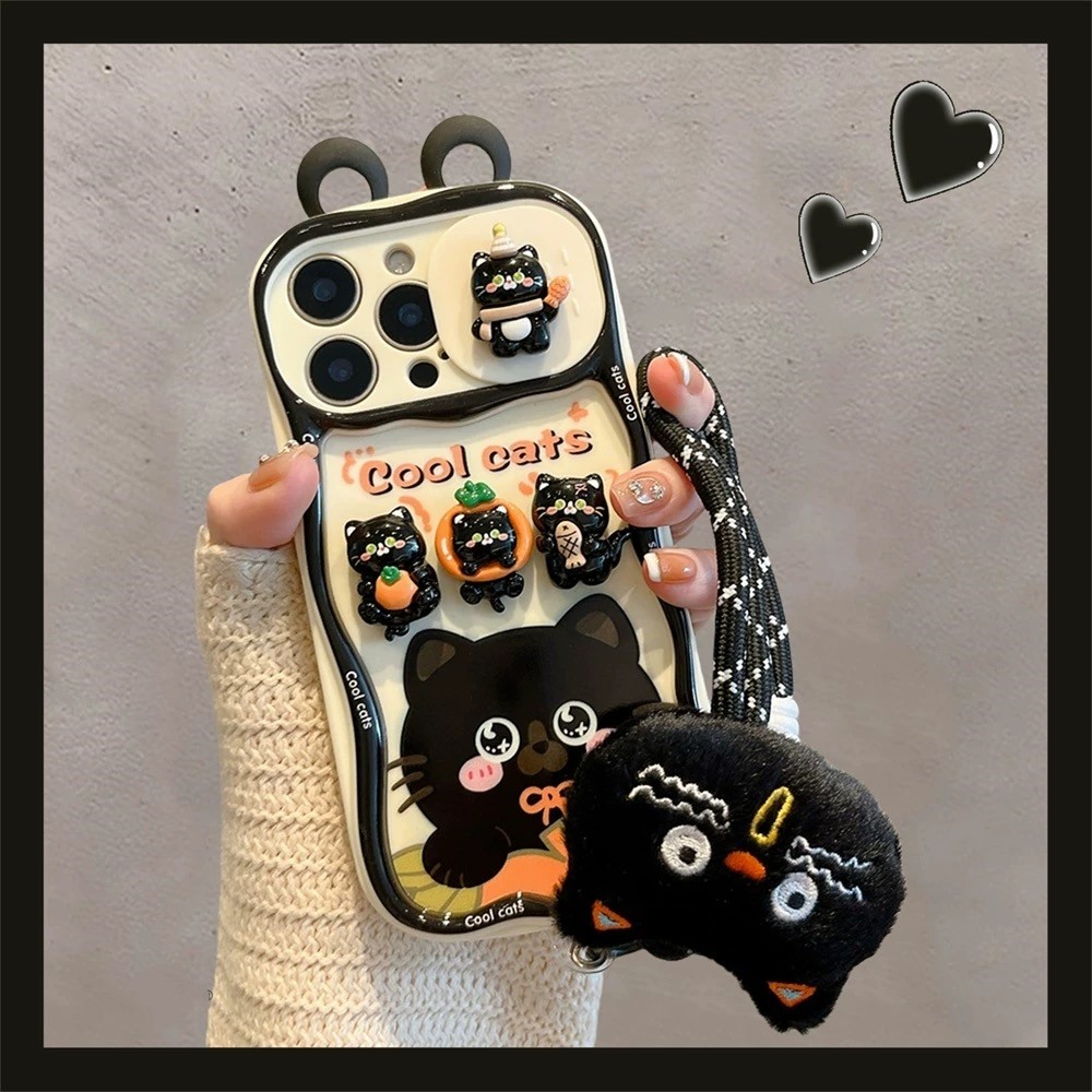 Ốp điện thoại cửa sổ trượt dây buộc mèo màu cam 3D cho iPhone 17 Pro Max 16 Plus 15 14 13 12 11 Vỏ bảo vệ chống sốc