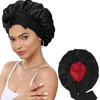 Mũ ngủ satin hai lớp dành cho nữ, có nơ và vành rộng, co giãn tốt