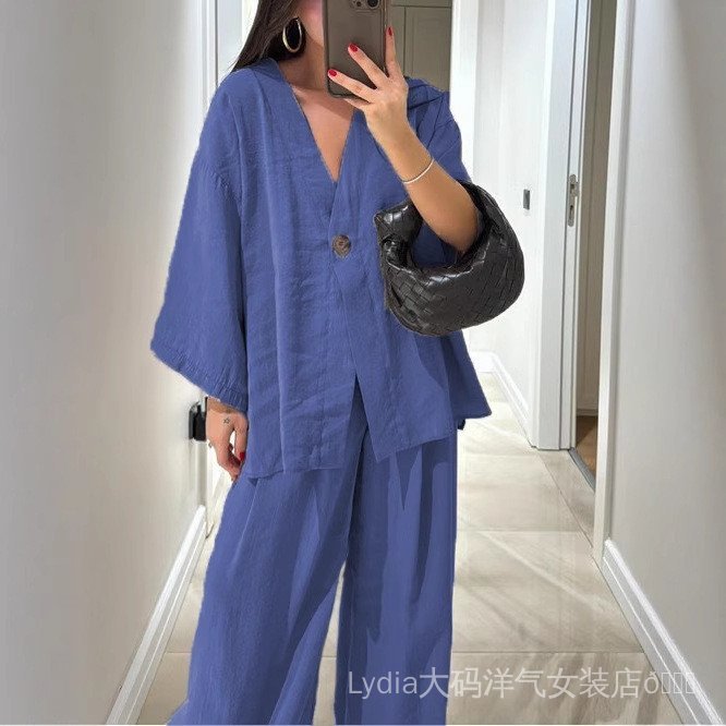 Áo cổ chữ V dáng rộng và quần ống rộng - Thời trang nữ cao cấp, kích thước lớn