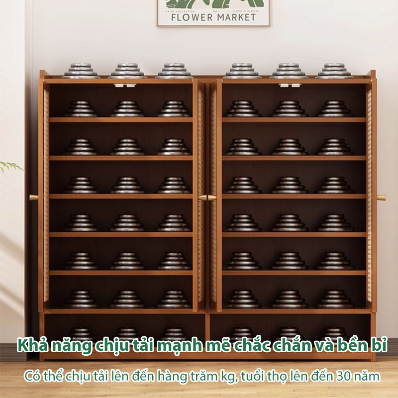 Tủ Giày Mây Đan Việt Nam Khung Gỗ Tự Nhiên Nhiều Tầng Đựng Đầy Đủ Giày Dép Cho Gia Đình