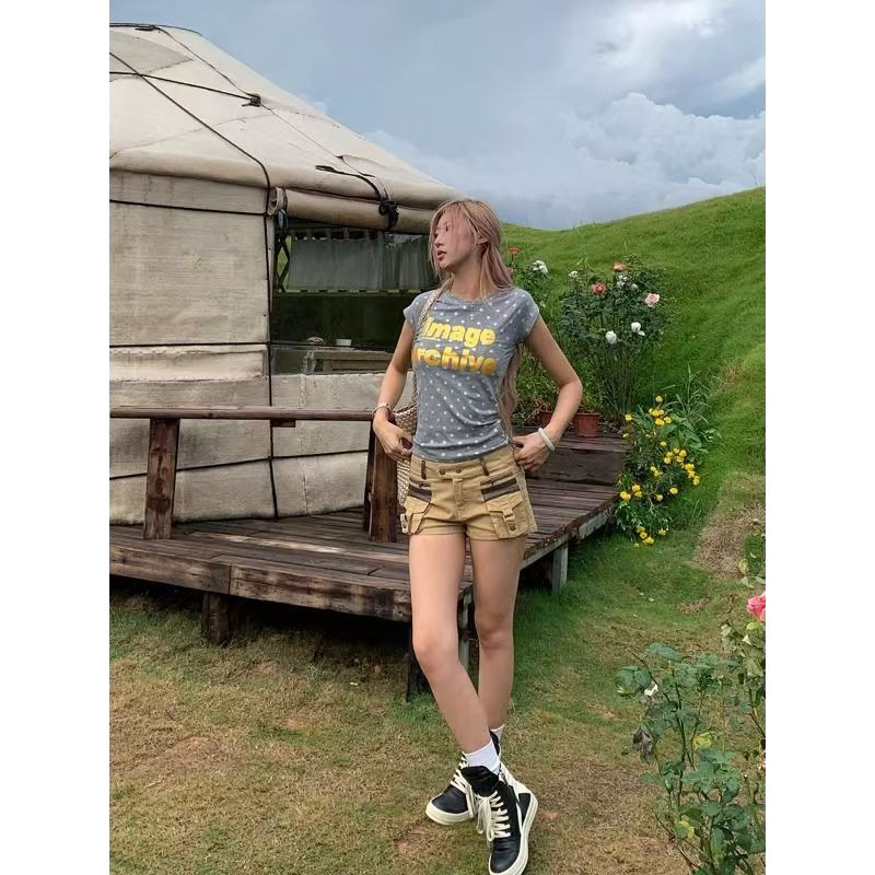 Milyfashion Slim-fit Slimmer Look Mùa Hè Phong Cách Mới Retro Chữ Ngôi Sao In Hình Ngắn Tay T Ngắn Top Bé tee Quần Áo Nữ