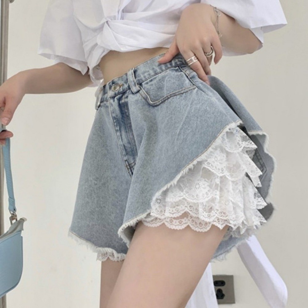 Quần short hoa ren GOJO, Quần hỗ trợ váy ren dây rút buộc, Phong cách Hàn Quốc Gothic Phong cách mùa hè Quần short xếp lớp nữ bé gái