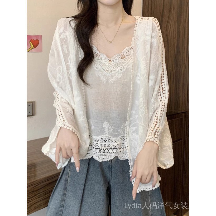 <![CDATA[Áo sơ mi ren thêu hai mảnh plus size -Slimming hiệu quả]]>