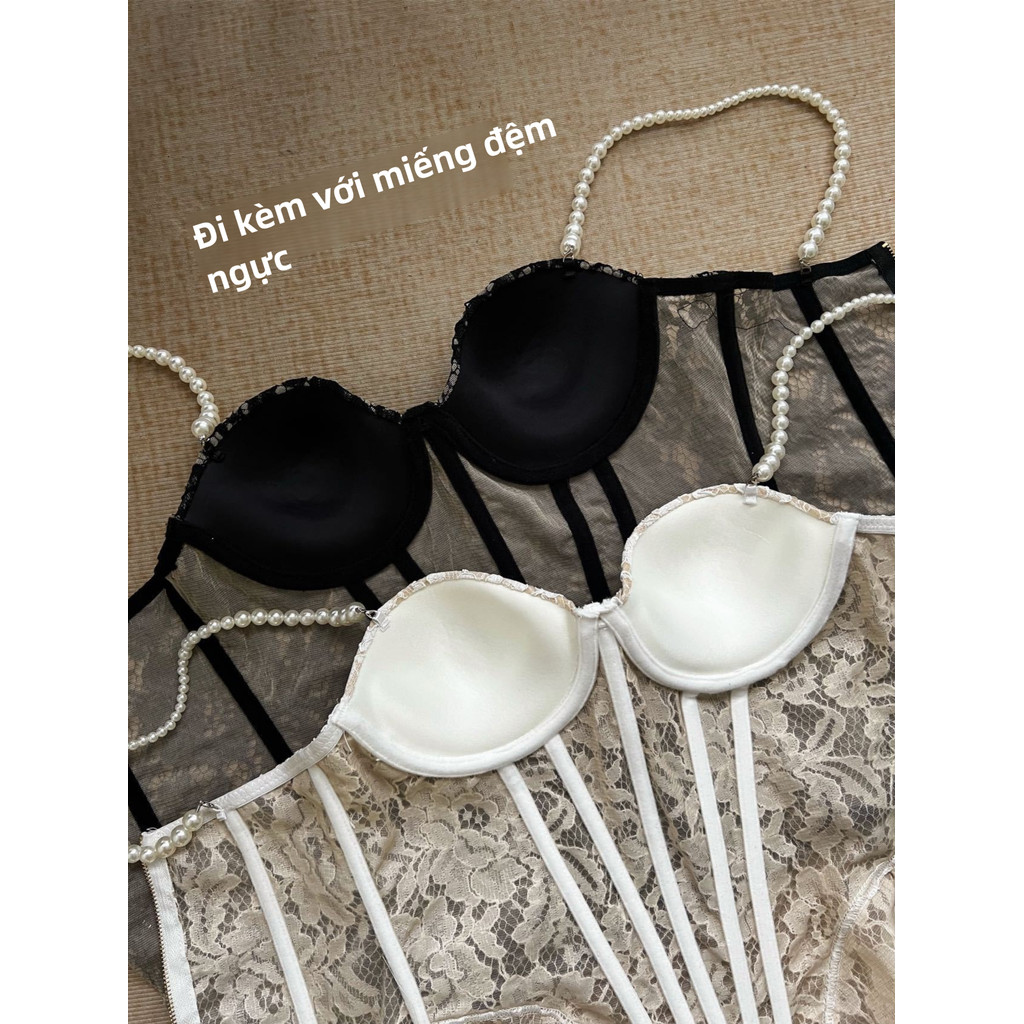 Áo yếm, ren ngọc trai, áo Vest dệt kim