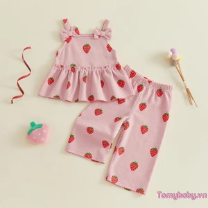 Bộ bánh quế không tay in hình dâu tây Cami Tank Tops + Quần Trang phục mùa hè