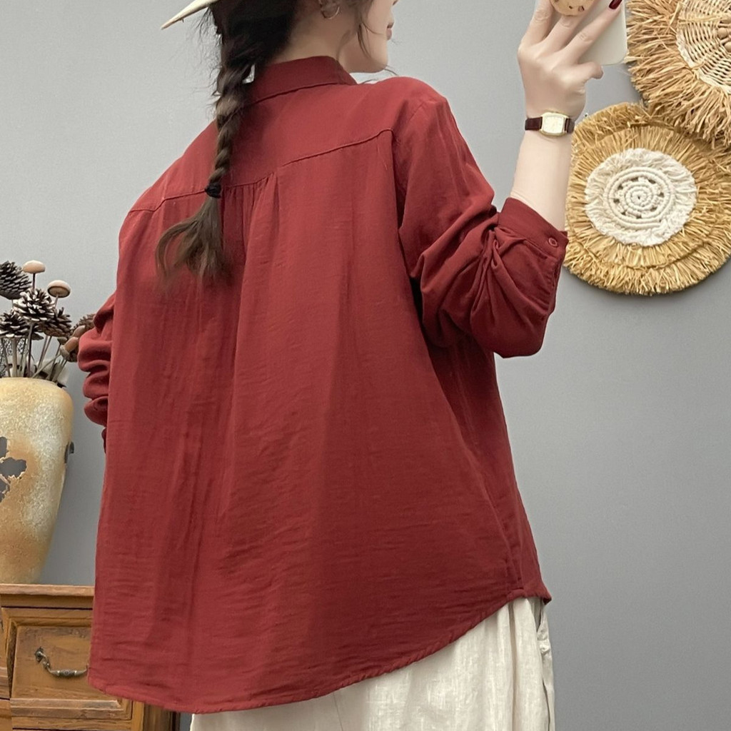 Áo sơ mi nữ cotton cổ nhọn thêu hoa, dáng rộng, thoáng khí cho mùa xuân