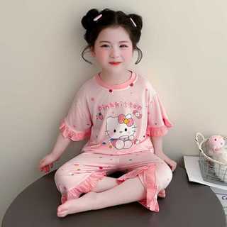 Bộ đồ ngủ cho bé gái – Cotton mềm mỏng, thoáng khí, Kitty dễ thương, áo ngắn + quần lửng bèo