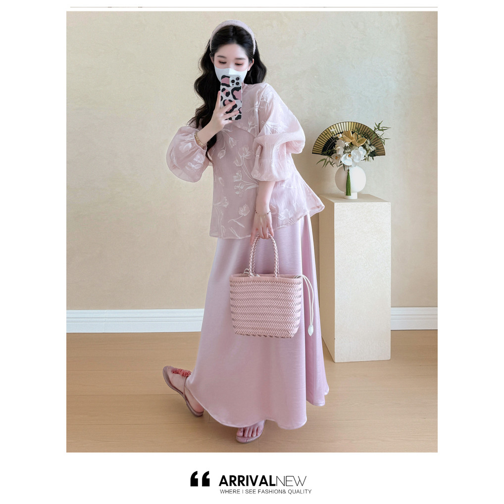 Bộ đồ bà bầu mùa hè phong cách Hàn Quốc, thiết kế jacquard và váy đeo chéo cỡ lớn