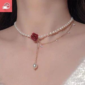 Vòng cổ nữ phong cách Pháp với ngọc trai và hạt hoa hồng đỏ