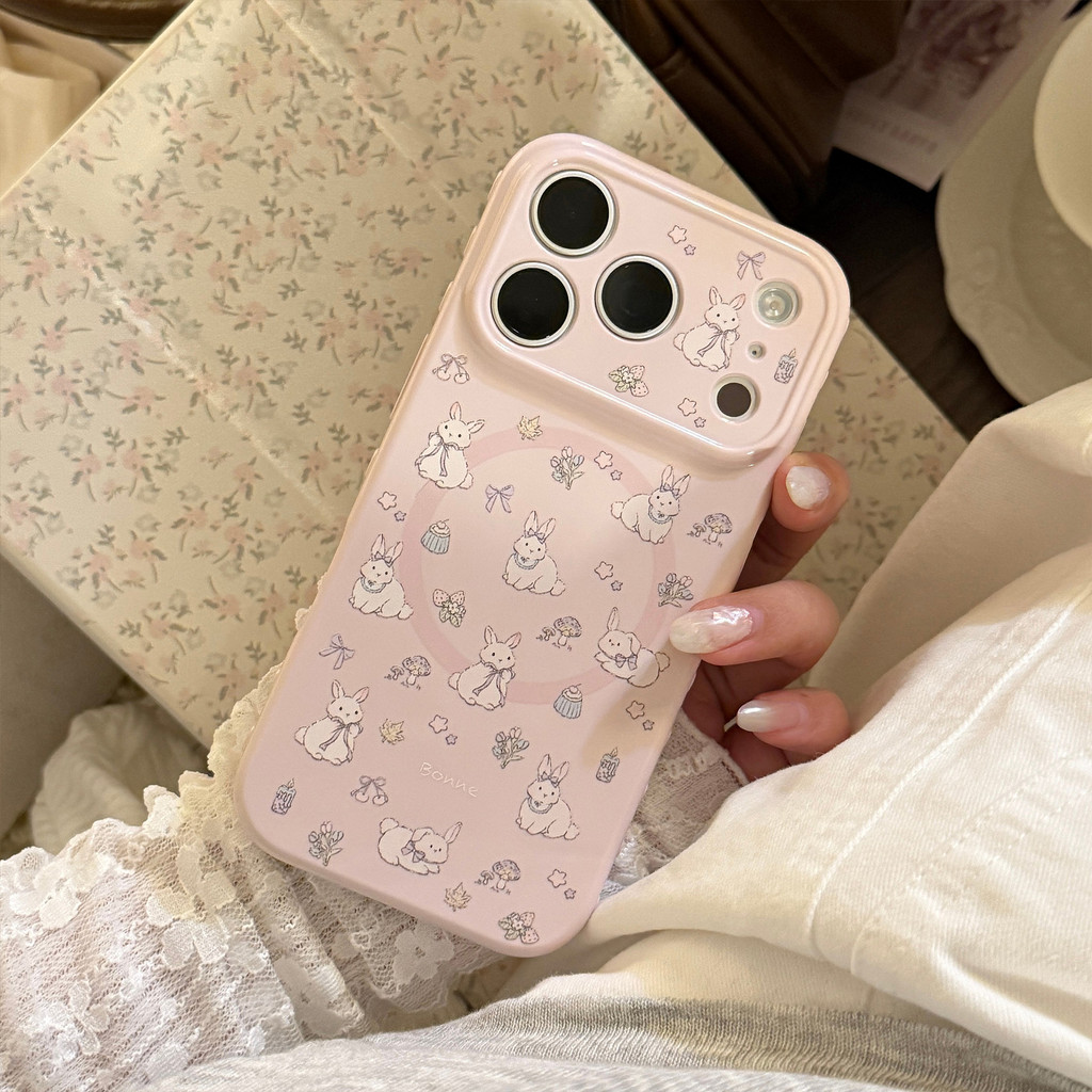 Họa tiết hoạt hình chú thỏ hoa tím phù hợp cho iPhone 17 Pro Max, 17, 16, 15, 14, 13, 12 và 11 ốp điện thoại iPhone từ tính