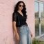 Áo thun nữ cổ chữ V ngắn tay xếp nếp Slim Fit Áo thun ren hoa