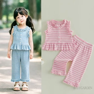 6M-4Y Bé Gái 2 Bộ Sọc Không Tay Ruffle Viền Xe Tăng Áo + Quần Trang Phục Mùa Hè