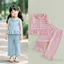6M-4Y Bé Gái 2 Bộ Sọc Không Tay Ruffle Viền Xe Tăng Áo + Quần Trang Phục Mùa Hè