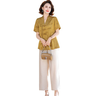 Áo quần dành cho mẹ - Bộ hai món tay ngắn thời thượng kiểu Trung Quốc, phù hợp phụ nữ lớn tuổi mùa hè