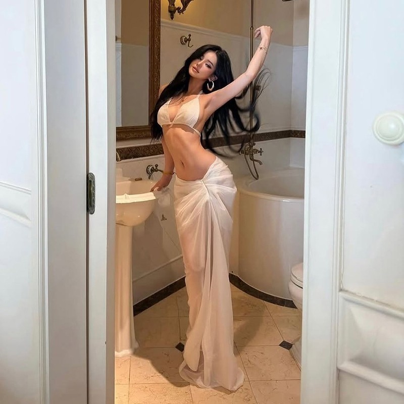 CuteNew Bộ Bikini Lưới Thanh Lịch 3 Mảnh Cho Nữ: Áo Kéo Dài Quai + Váy Du Lịch